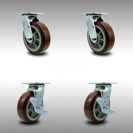 Service Caster 6 Inch Stainless Steel Polyurethane Swivel Caster Set with Ball Bearing 2 Brakes SCC-SS30S620-PPUB-2-TLB-2